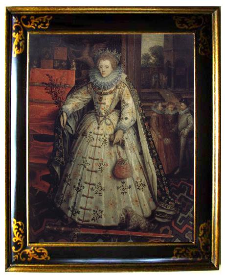 framed  Marcus Gheeraerts Queen Elizabeth with a view to a walled garden, Ta089